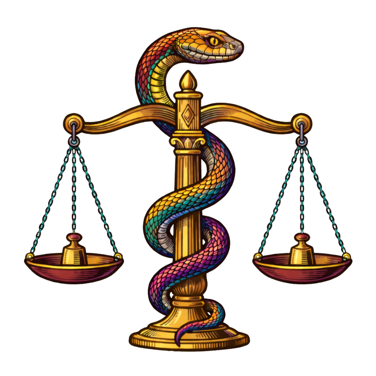 FCASP -- a golden balance scale with a colorful snake coiled around its column